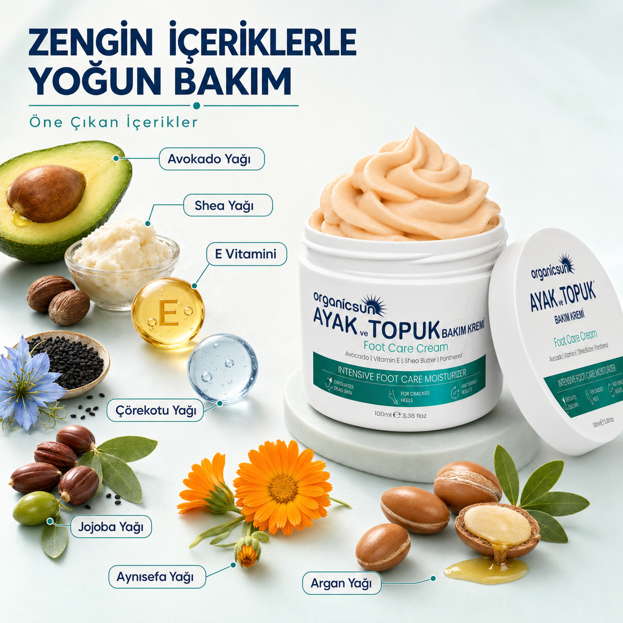 Organicsun Ayak ve Topuk Çatlak Bakım Kremi 100ml - Ayak Kokusu, Tırnak Bakımı Avokado ve Shea Yağlı Yoğun Nemlendirici