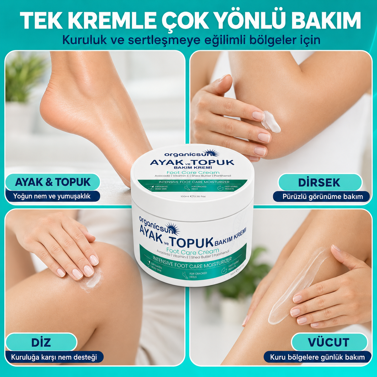 Organicsun Ayak ve Topuk Çatlak Bakım Kremi 100ml - Ayak Kokusu, Tırnak Bakımı Avokado ve Shea Yağlı Yoğun Nemlendirici