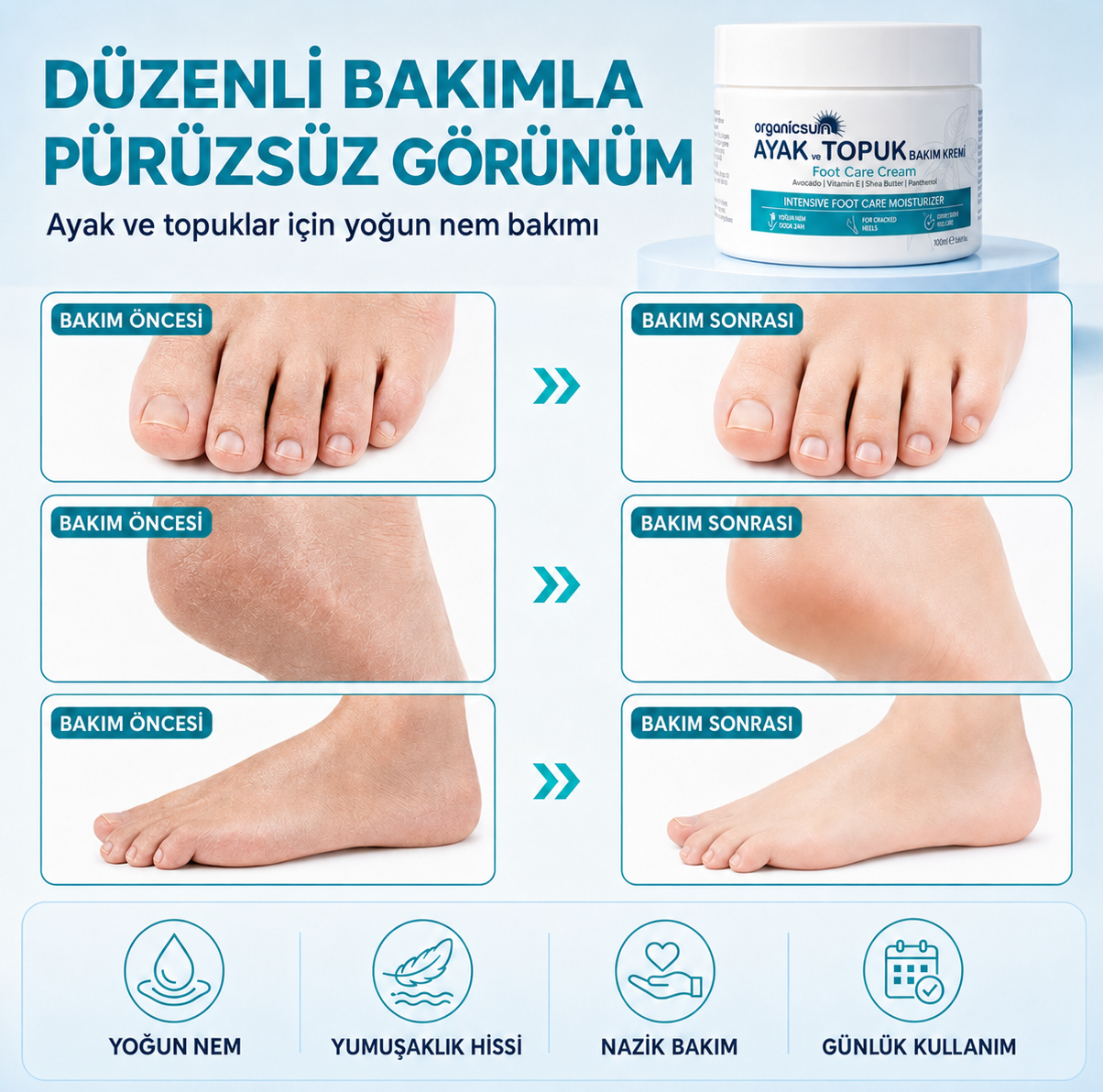 Organicsun Ayak ve Topuk Çatlak Bakım Kremi 100ml - Ayak Kokusu, Tırnak Bakımı Avokado ve Shea Yağlı Yoğun Nemlendirici