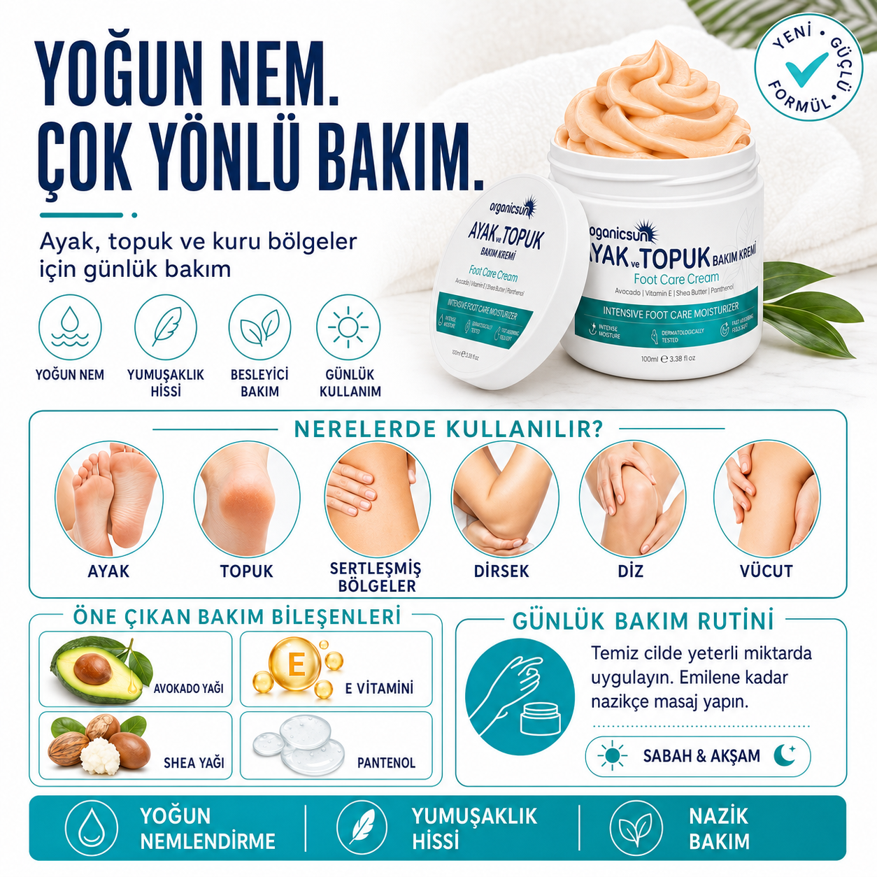 Organicsun Ayak ve Topuk Çatlak Bakım Kremi 100ml - Ayak Kokusu, Tırnak Bakımı Avokado ve Shea Yağlı Yoğun Nemlendirici