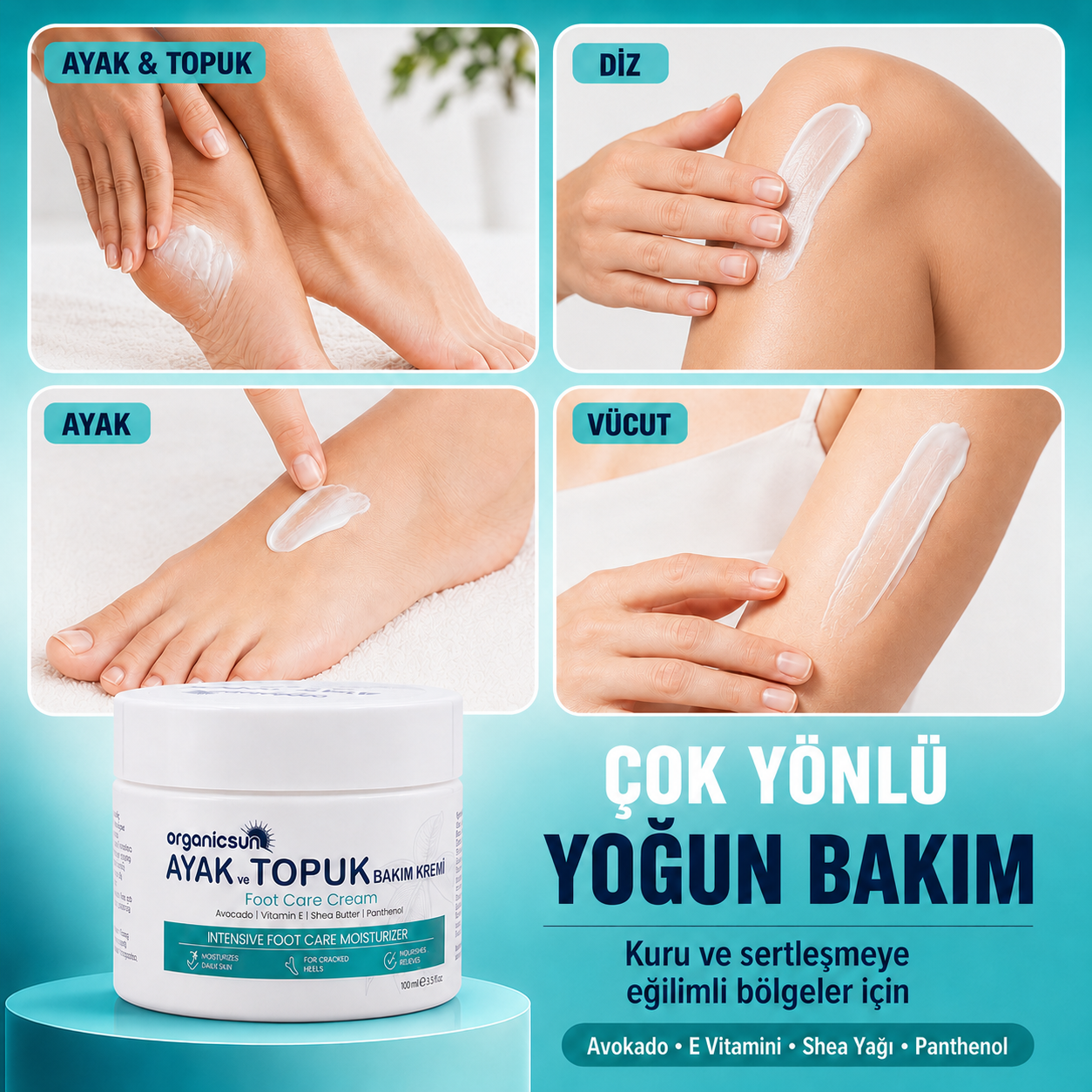 Organicsun Ayak ve Topuk Çatlak Bakım Kremi 100ml - Ayak Kokusu, Tırnak Bakımı Avokado ve Shea Yağlı Yoğun Nemlendirici