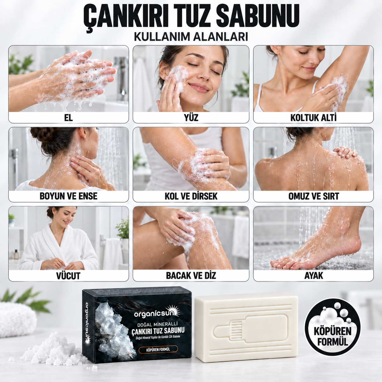 Organicsun Çankırı Tuz Sabunu 120 gr Köpüren Formül - Zengin Doğal Mineralli Kaya Tuzu Sabunu