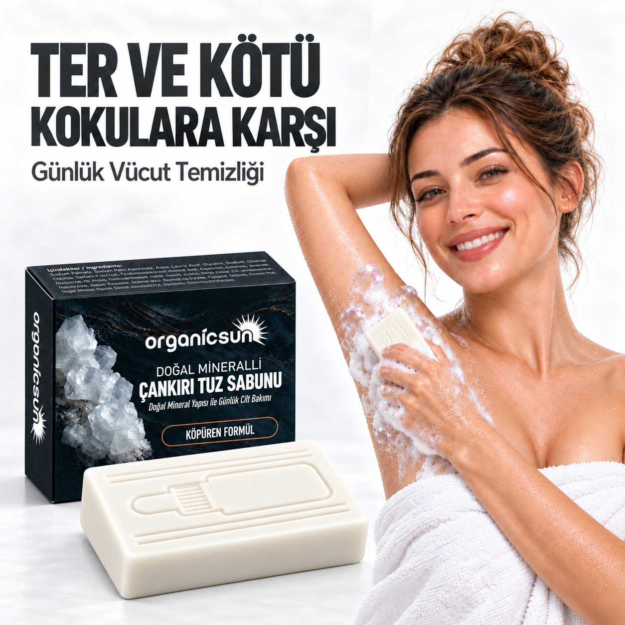 Organicsun Çankırı Tuz Sabunu 120 gr Köpüren Formül - Zengin Doğal Mineralli Kaya Tuzu Sabunu