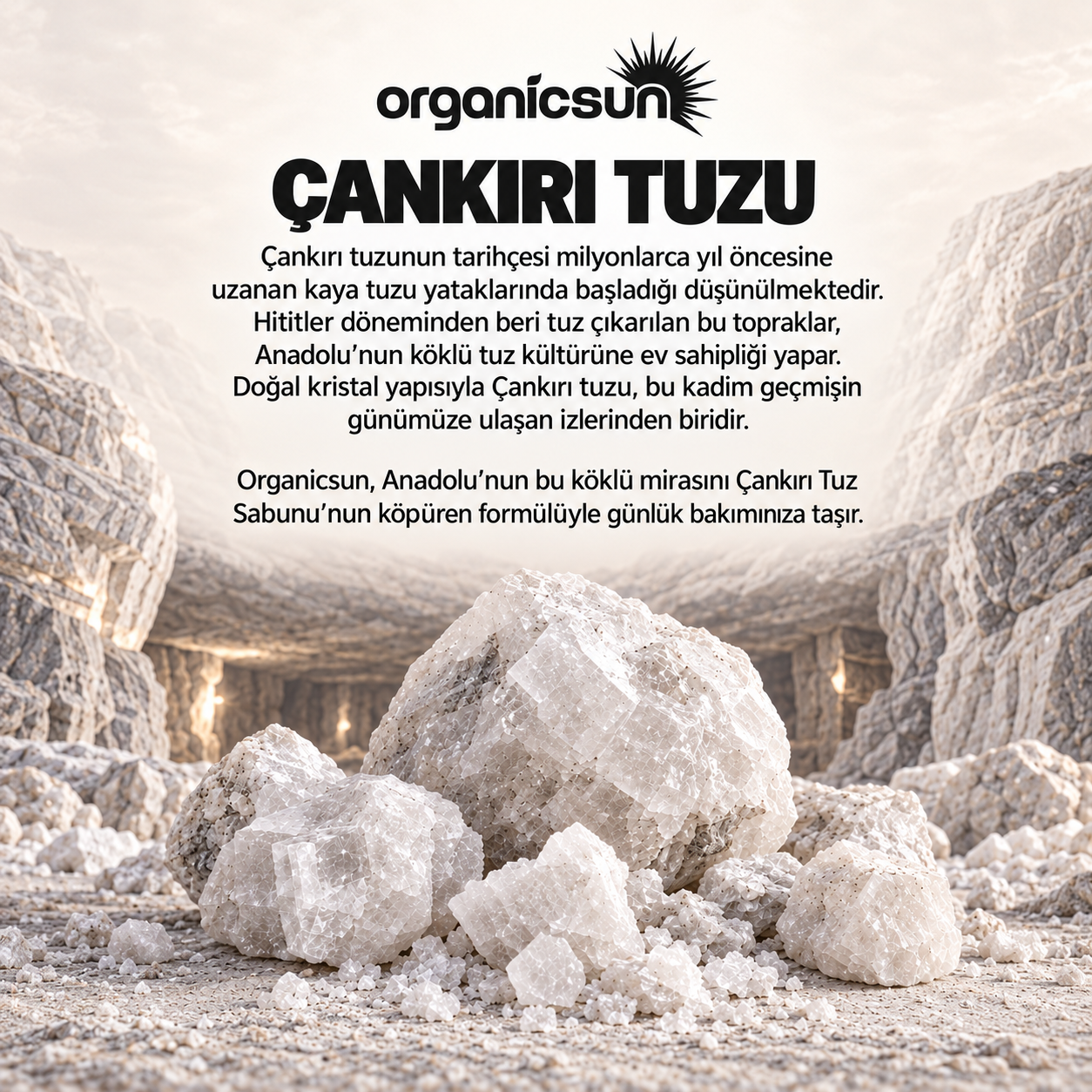 Organicsun Çankırı Tuz Sabunu 120 gr Köpüren Formül - Zengin Doğal Mineralli Kaya Tuzu Sabunu