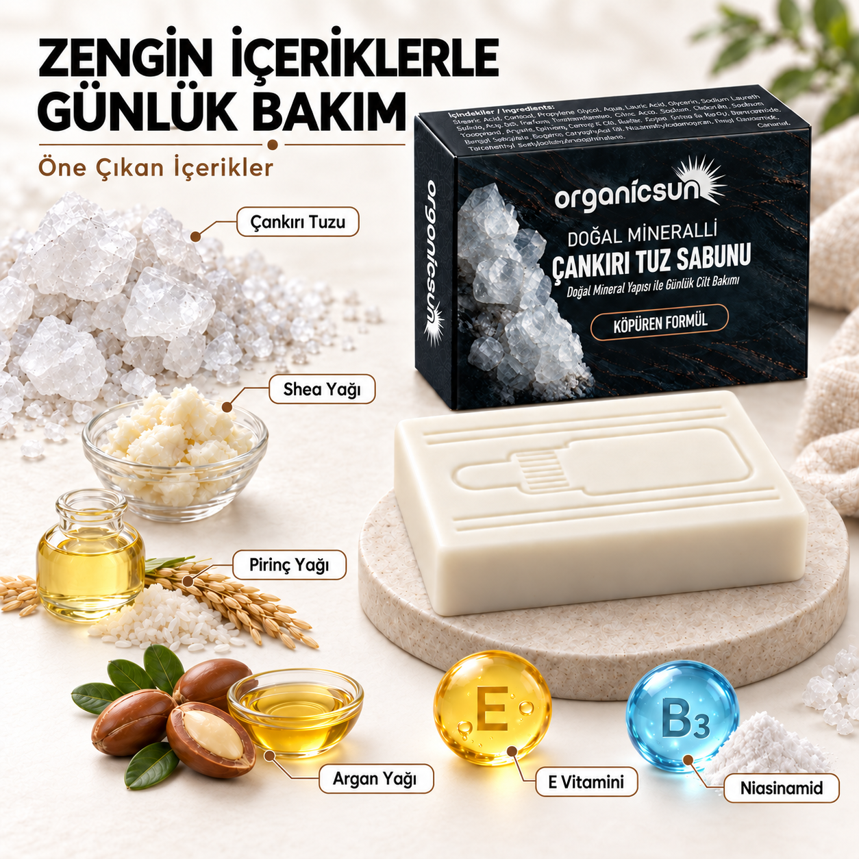 Organicsun Çankırı Tuz Sabunu 120 gr Köpüren Formül - Zengin Doğal Mineralli Kaya Tuzu Sabunu
