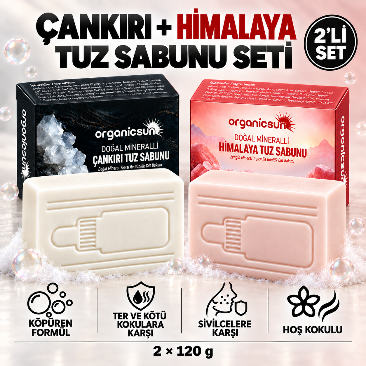 Organicsun Çankırı Tuz Sabunu + Himalaya Tuz Sabunu 2'li Set - Köpüren Formül