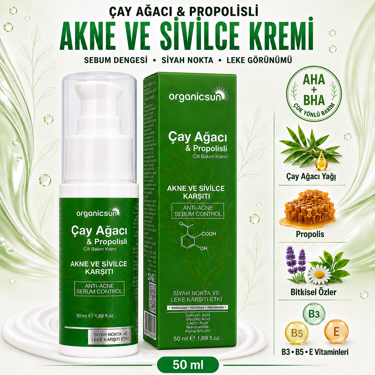 Organicsun Çay Ağacı ve Propolisli Akne ve Sivilce Karşıtı Cilt Bakım Kremi – Siyah Nokta ve Leke Görünümü Bakımı 50 ml