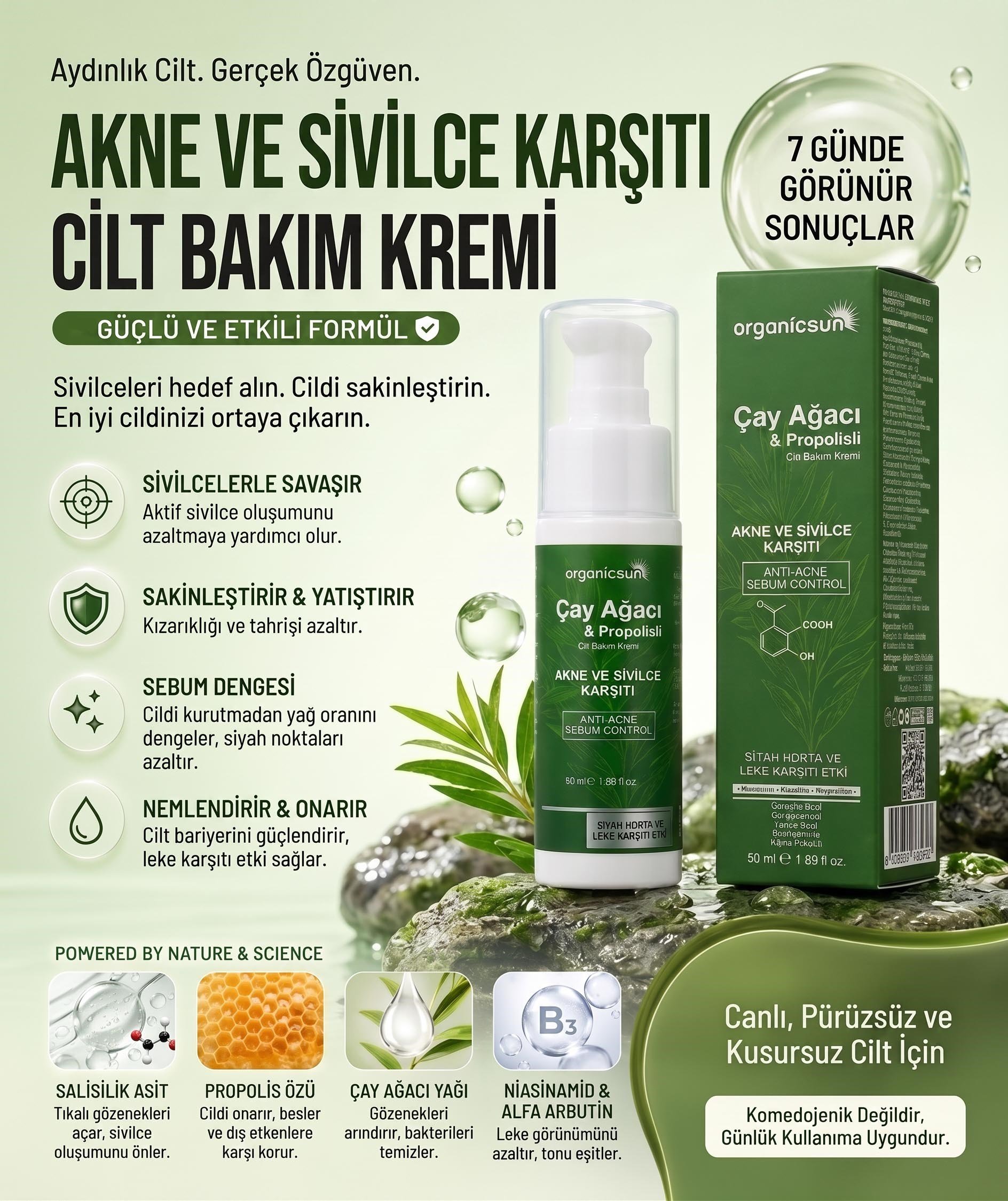 Organicsun Çay Ağacı ve Propolisli Akne ve Sivilce Karşıtı Cilt Bakım Kremi – Siyah Nokta ve Leke Görünümü Bakımı 50 ml
