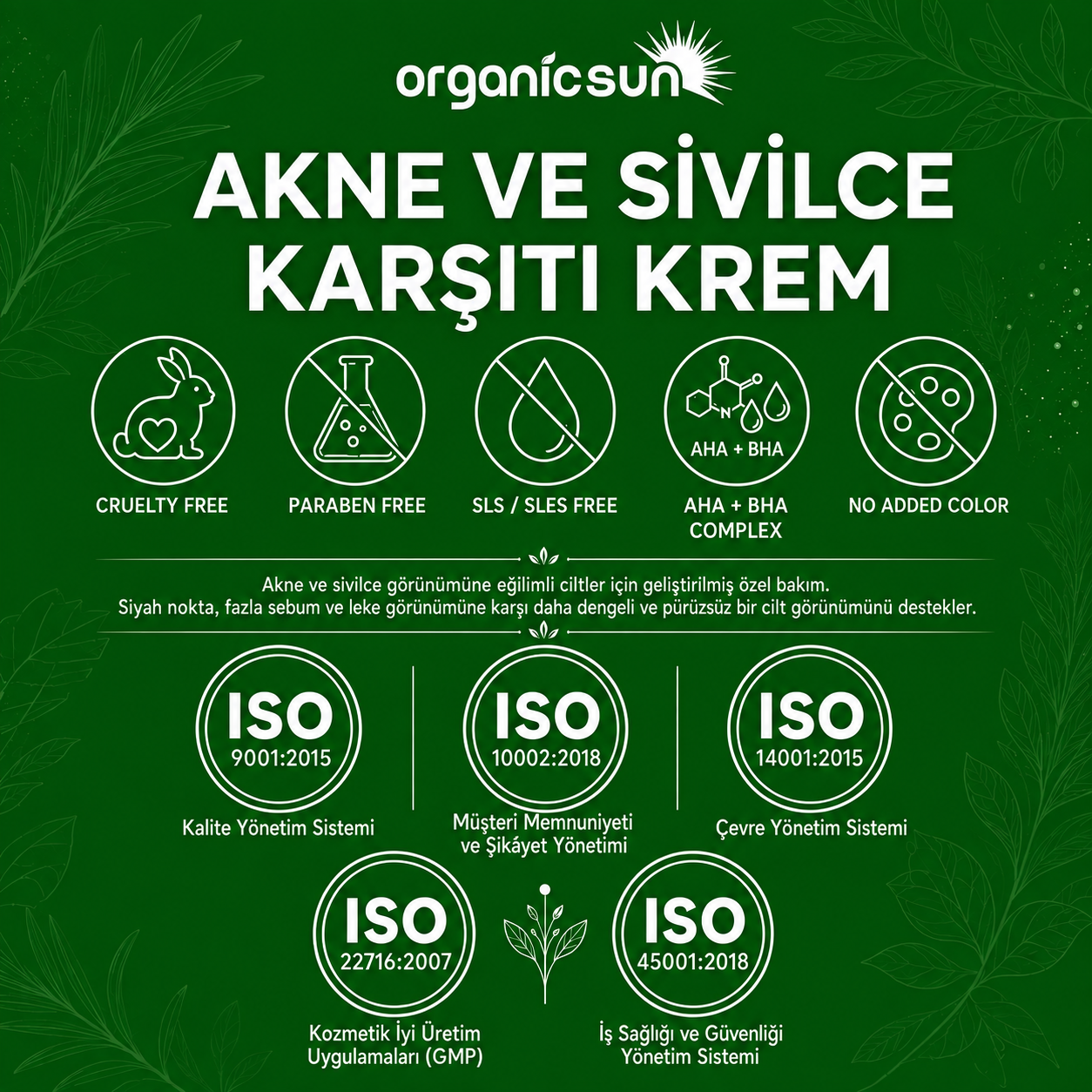 Organicsun Çay Ağacı ve Propolisli Akne ve Sivilce Karşıtı Cilt Bakım Kremi – Siyah Nokta ve Leke Görünümü Bakımı 50 ml