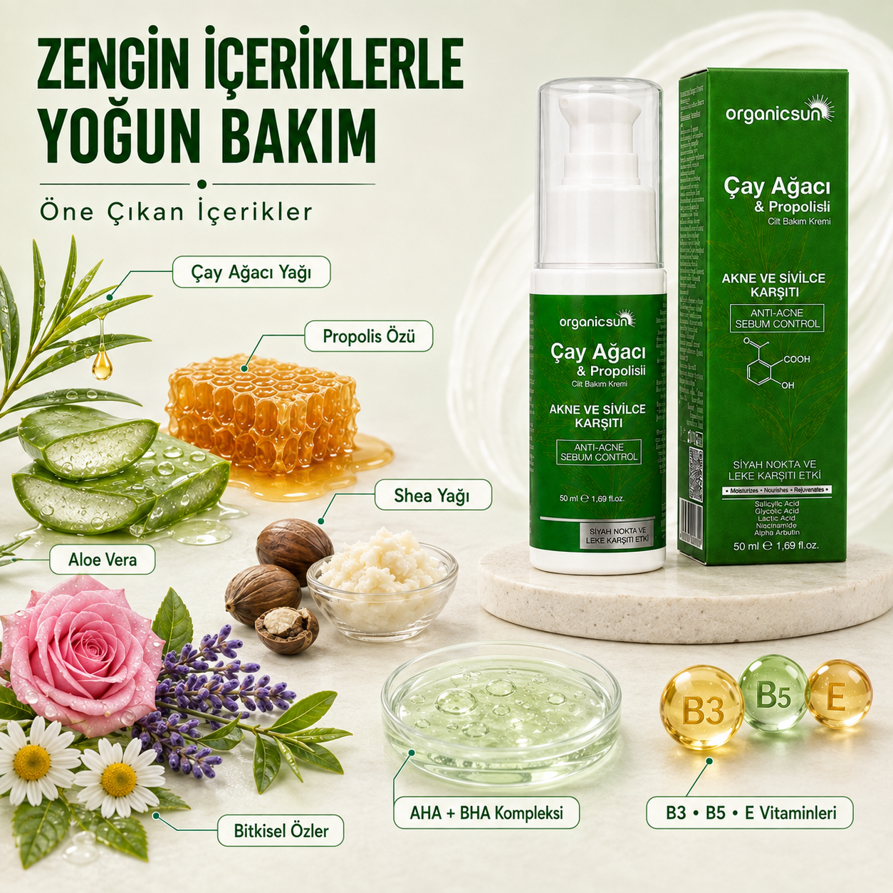 Organicsun Çay Ağacı ve Propolisli Akne ve Sivilce Karşıtı Cilt Bakım Kremi – Siyah Nokta ve Leke Görünümü Bakımı 50 ml