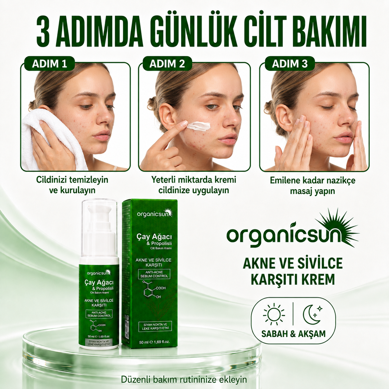 Organicsun Çay Ağacı ve Propolisli Akne ve Sivilce Karşıtı Cilt Bakım Kremi – Siyah Nokta ve Leke Görünümü Bakımı 50 ml