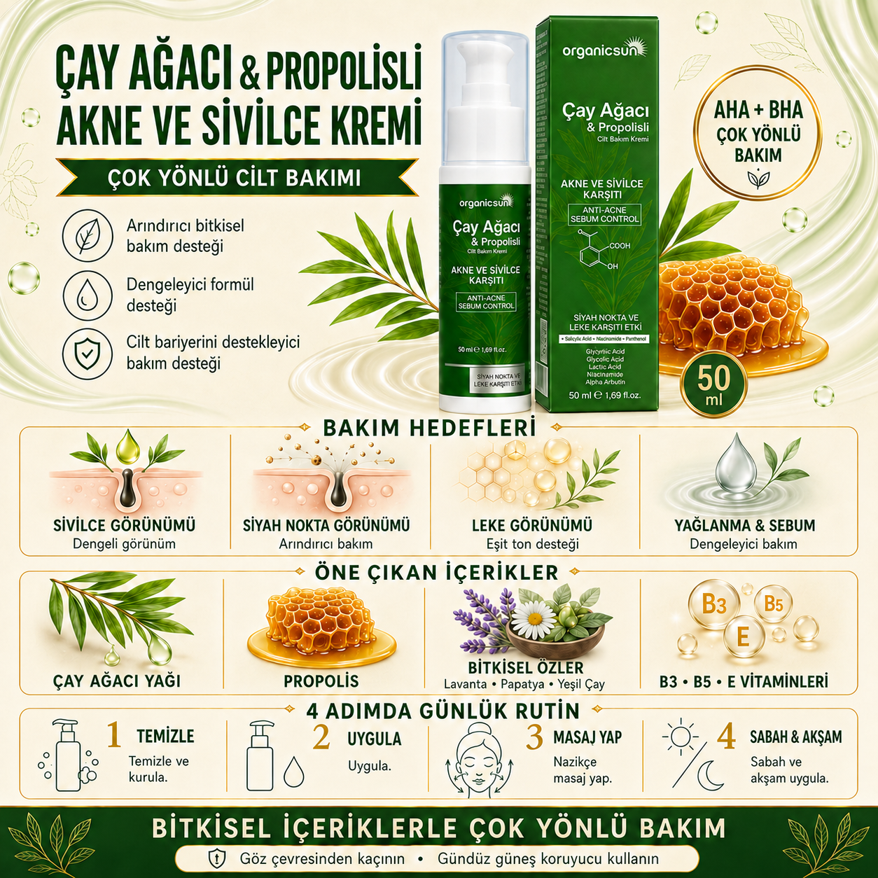 Organicsun Çay Ağacı ve Propolisli Akne ve Sivilce Karşıtı Cilt Bakım Kremi – Siyah Nokta ve Leke Görünümü Bakımı 50 ml