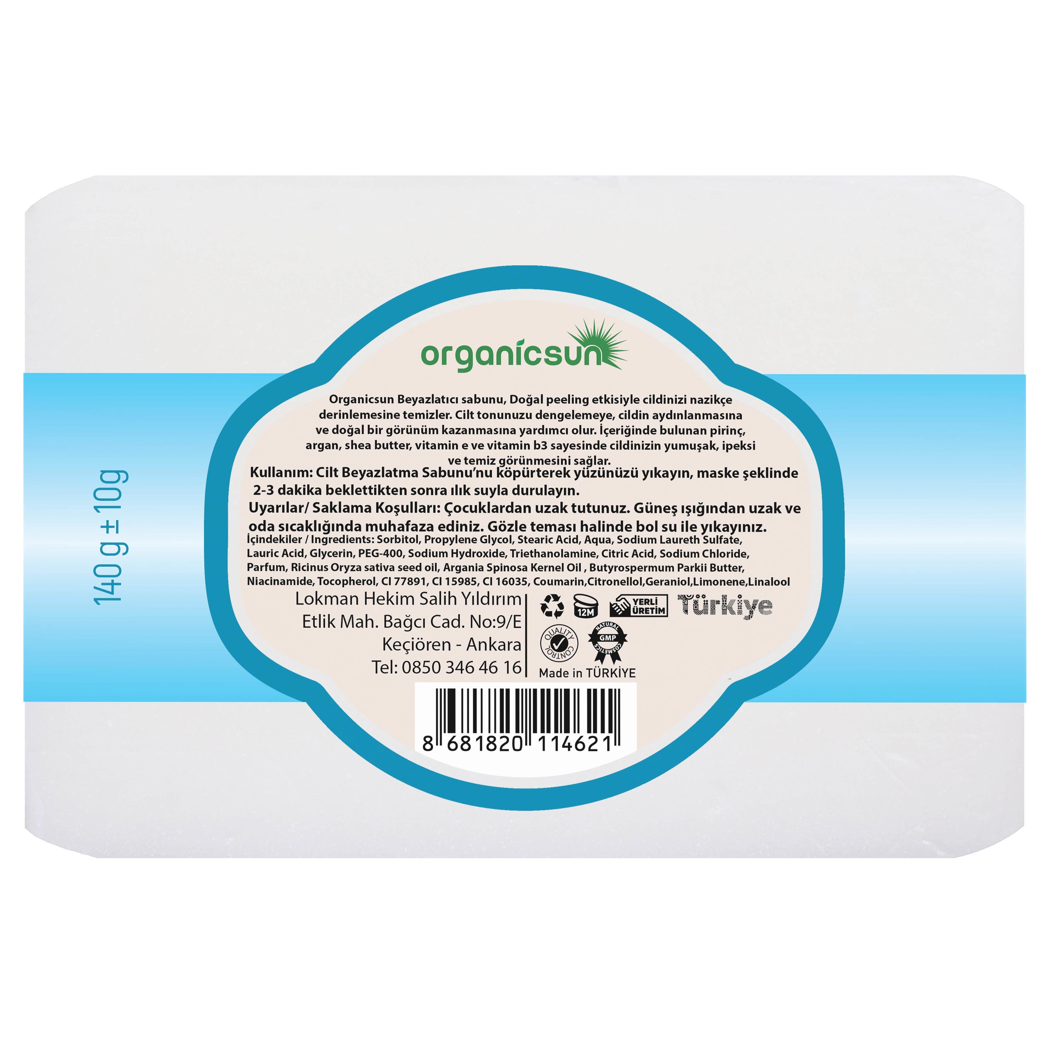 Organicsun Doğal Cilt Beyazlatıcı Sabun 140 Gr Tüm Cilt Tipleri İçin B ve E Vitaminli
