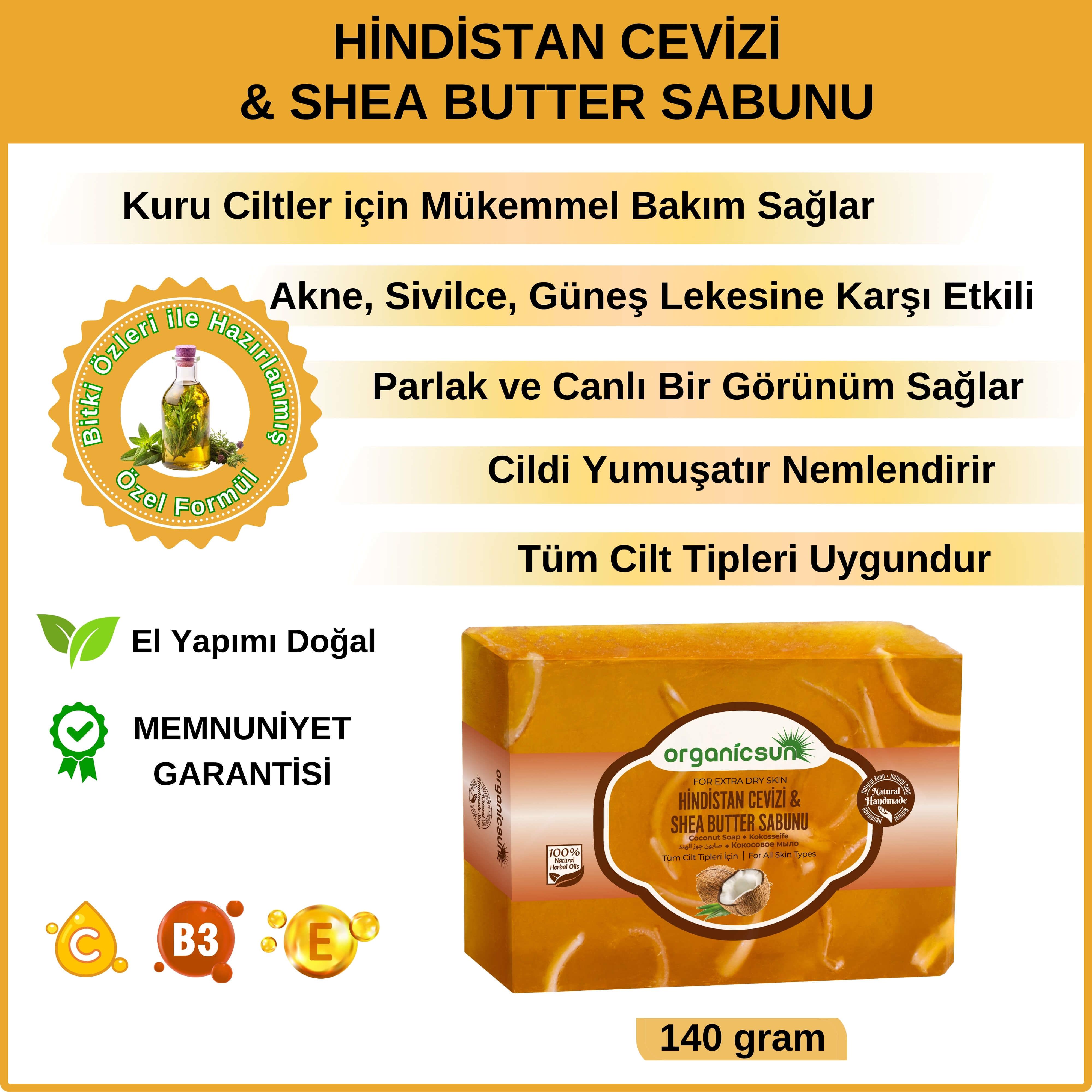Organicsun Doğal Hindistan Cevizi & Shea Butter Sabunu 140 Gr Tüm Cilt Tipleri İçin Besleyici ve Onarıcı Etkili