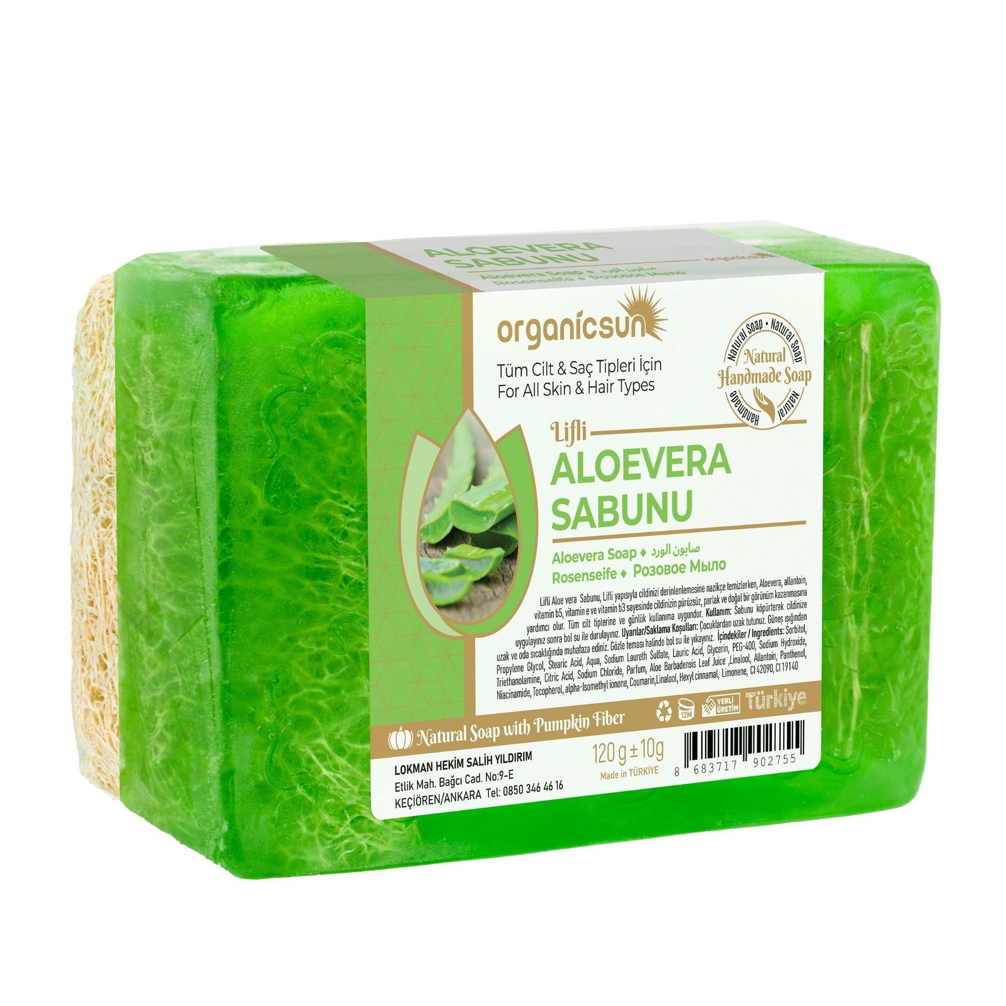 Organicsun Doğal Kabak Lifli Aloe Vera Sabunu 120 Gr Tüm Cilt Tipleri İçin B ve E Vitaminli