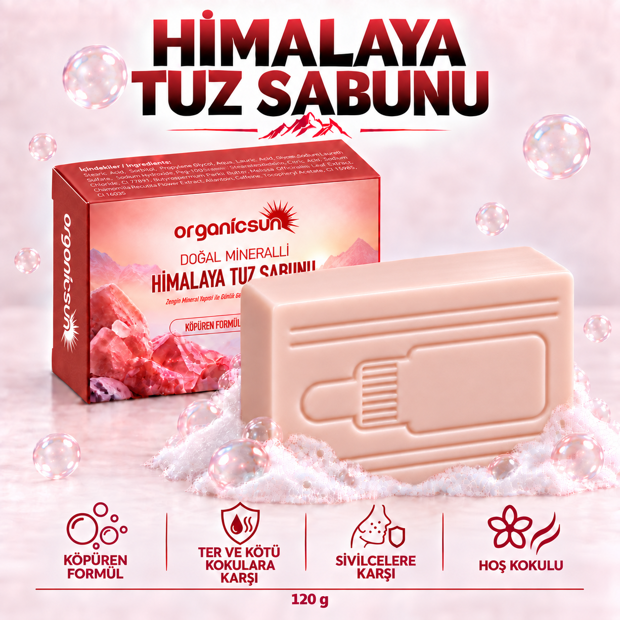 Organicsun Himalaya Tuz Sabunu 120 gr Köpüren Formül - Zengin Doğal Mineralli Pembe Himalaya Kaya Tuzu Sabunu