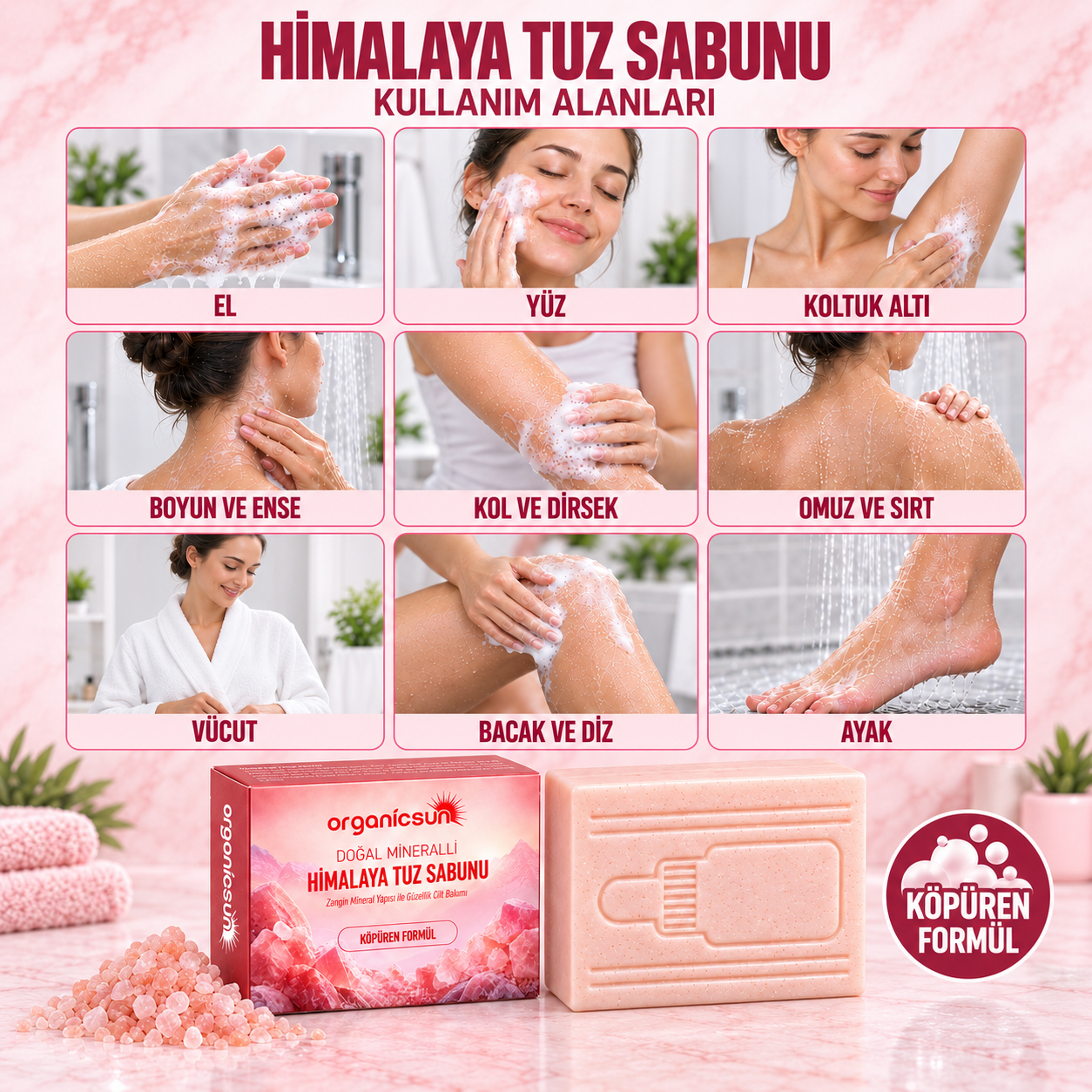 Organicsun Himalaya Tuz Sabunu 120 gr Köpüren Formül - Zengin Doğal Mineralli Pembe Himalaya Kaya Tuzu Sabunu