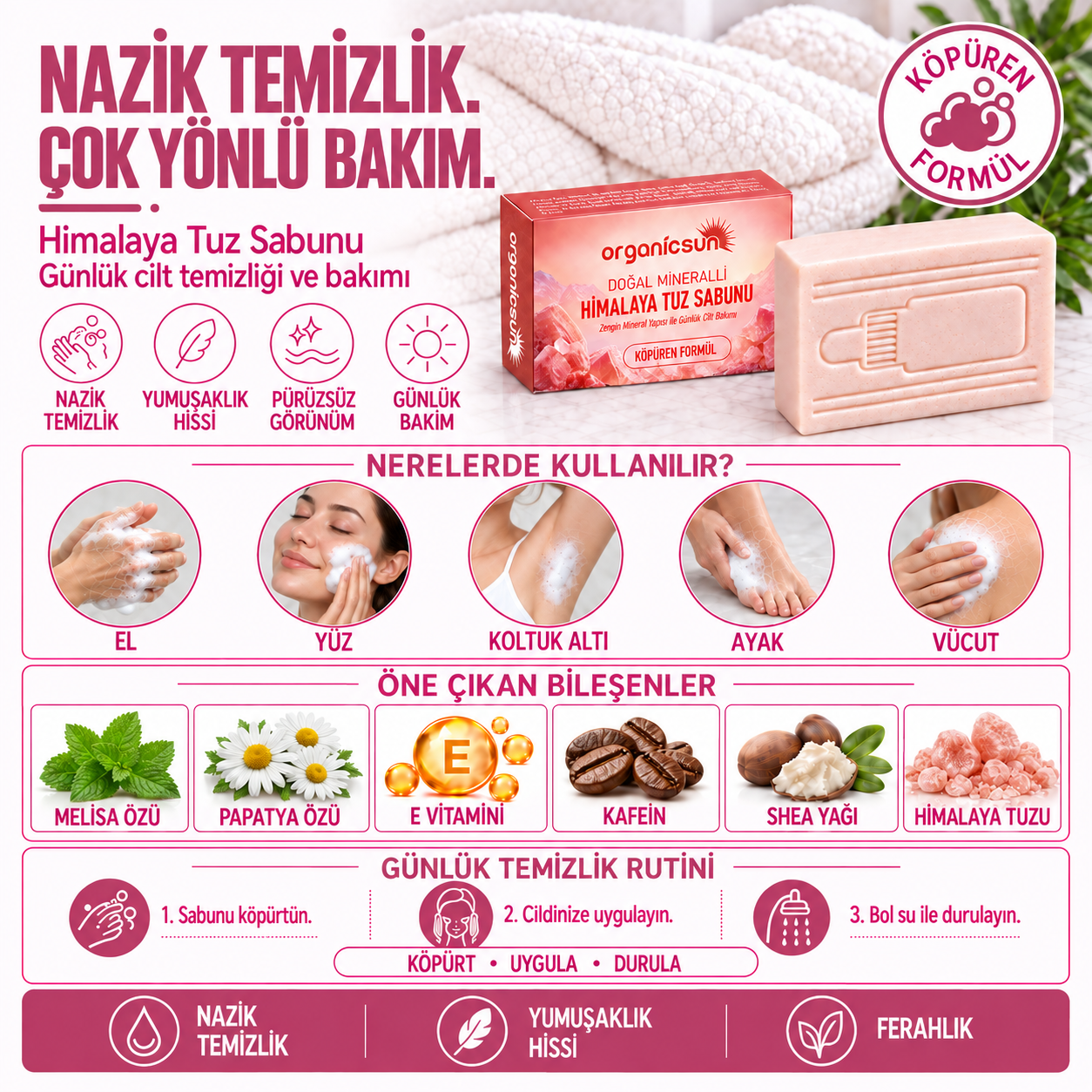 Organicsun Himalaya Tuz Sabunu 120 gr Köpüren Formül - Zengin Doğal Mineralli Pembe Himalaya Kaya Tuzu Sabunu