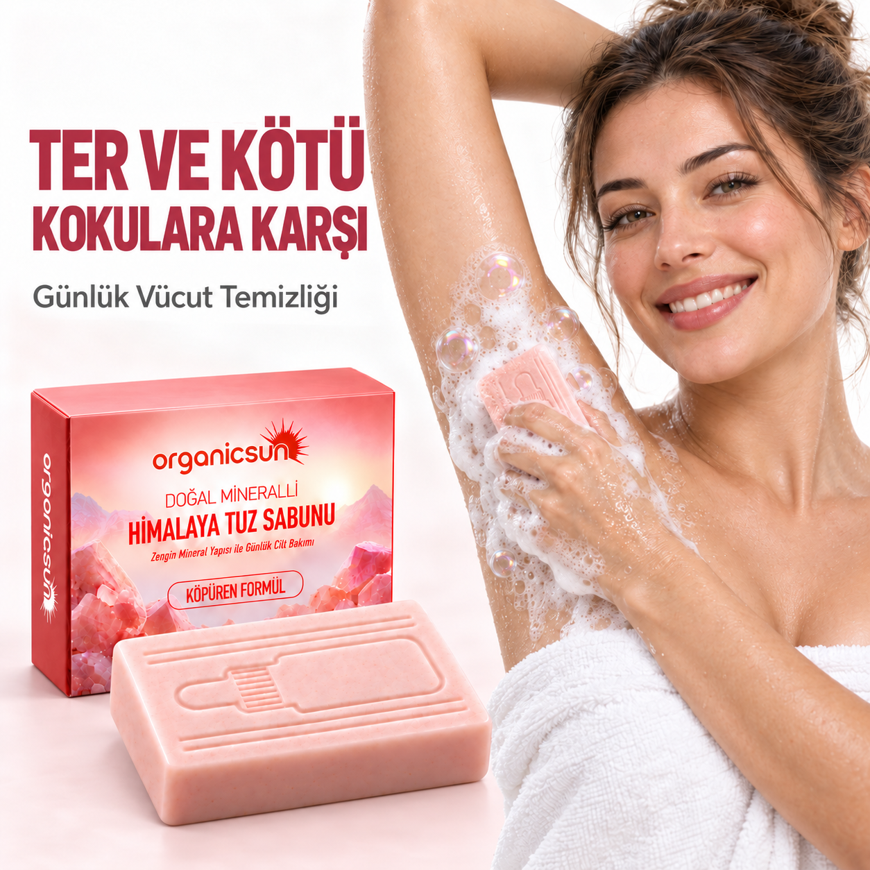 Organicsun Himalaya Tuz Sabunu 120 gr Köpüren Formül - Zengin Doğal Mineralli Pembe Himalaya Kaya Tuzu Sabunu