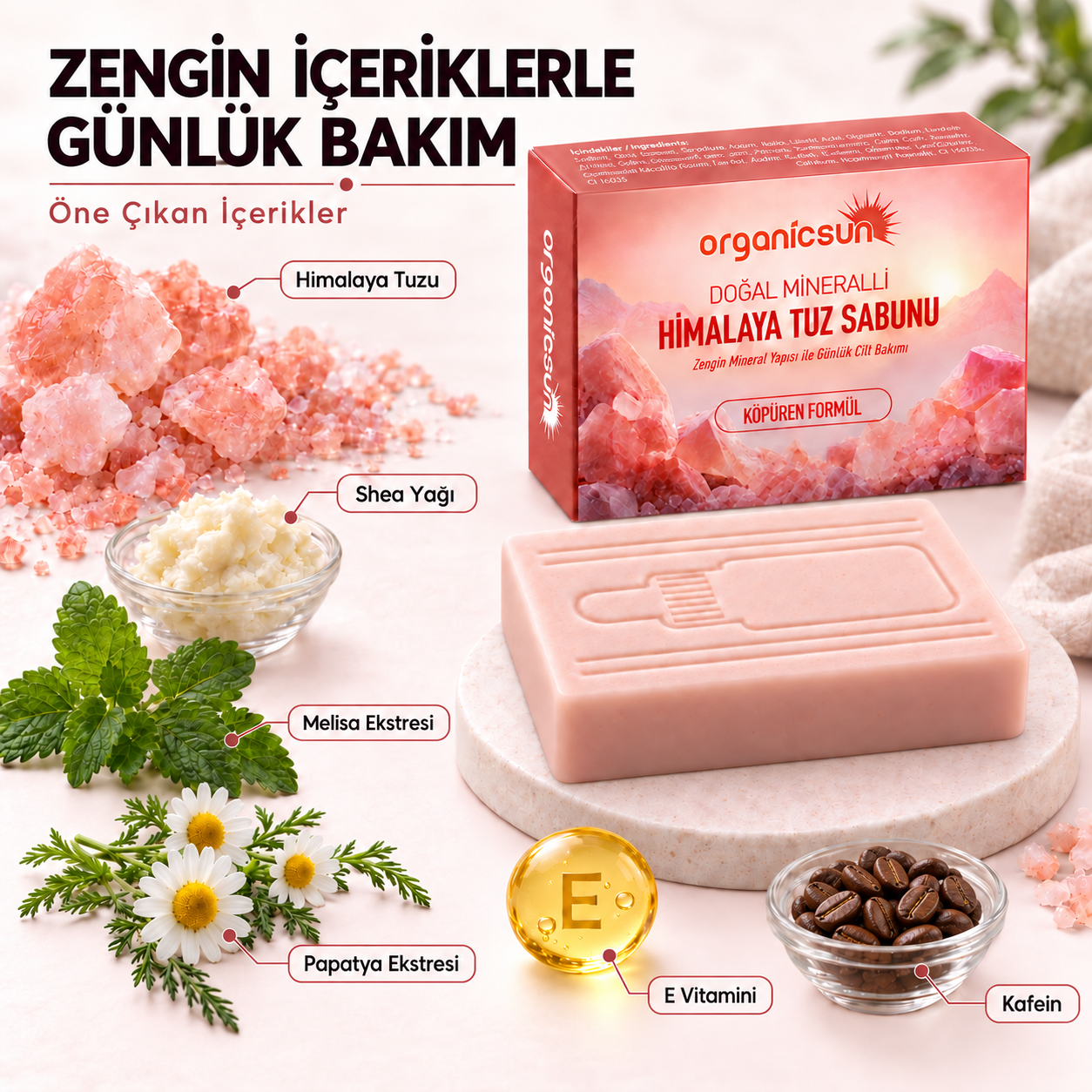 Organicsun Himalaya Tuz Sabunu 120 gr Köpüren Formül - Zengin Doğal Mineralli Pembe Himalaya Kaya Tuzu Sabunu