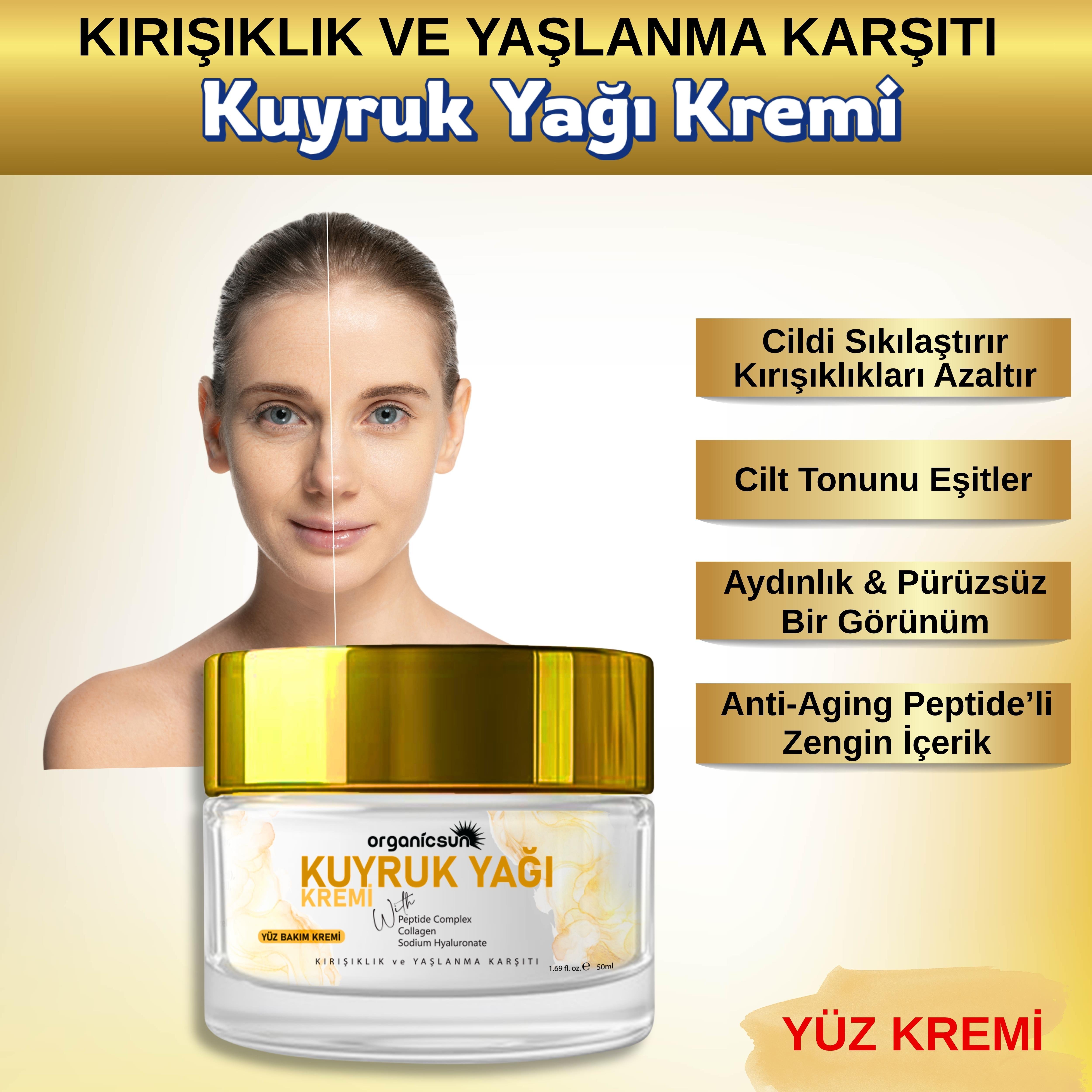 Organicsun Kuyruk Yağı Kremi | Kırışıklık & Yaşlanma Karşıtı Anti Aging Yüz Bakım Kremi 50ml - Collagen İlaveli, Nemlendirici Etki