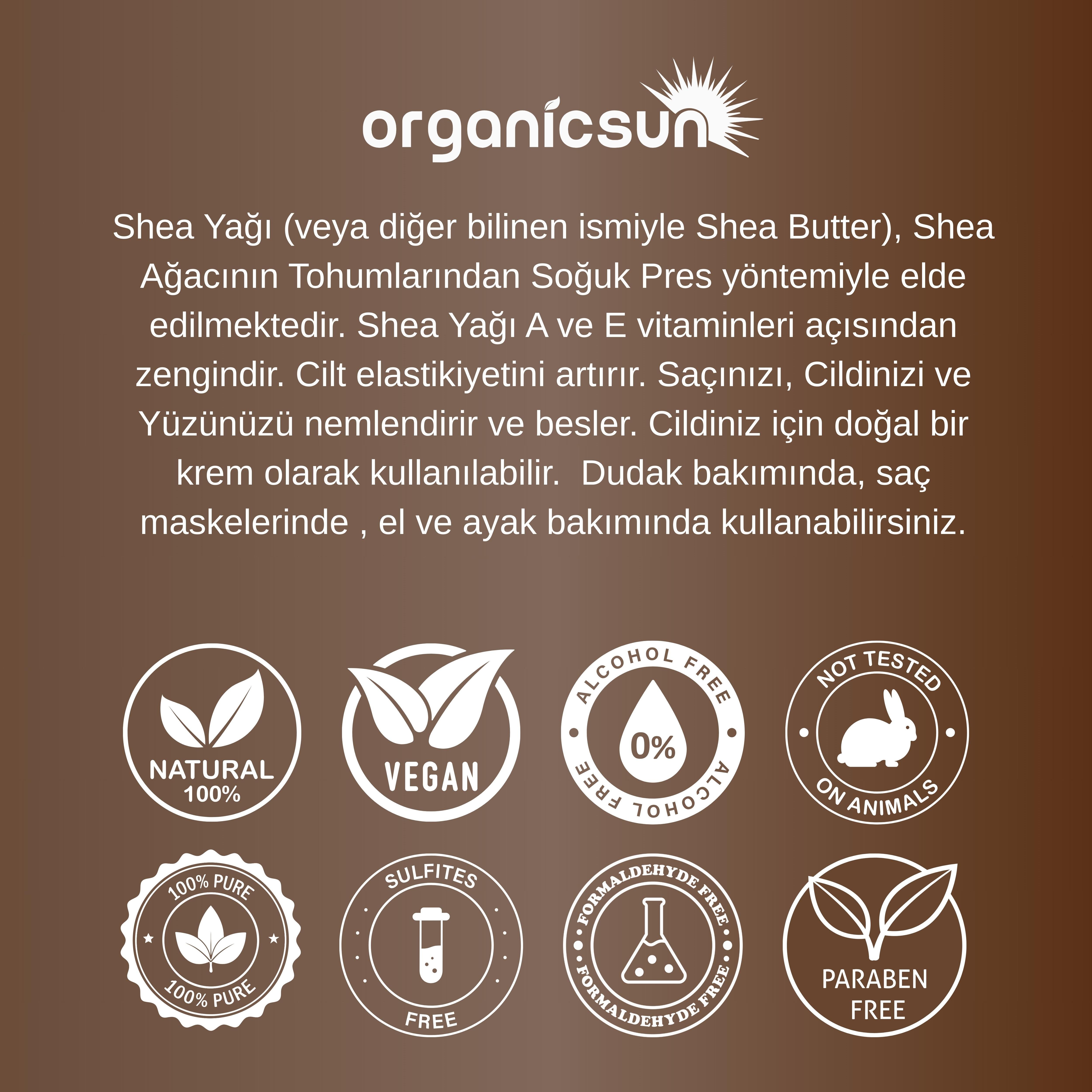 Organicsun Shea Yağı 250 ML |%100 Ham, Soğuk Pres, Rafine Edilmemiş, Shea Butter Karite | Kuru Cilt, Saç, Dudak, Topuk Bakımı