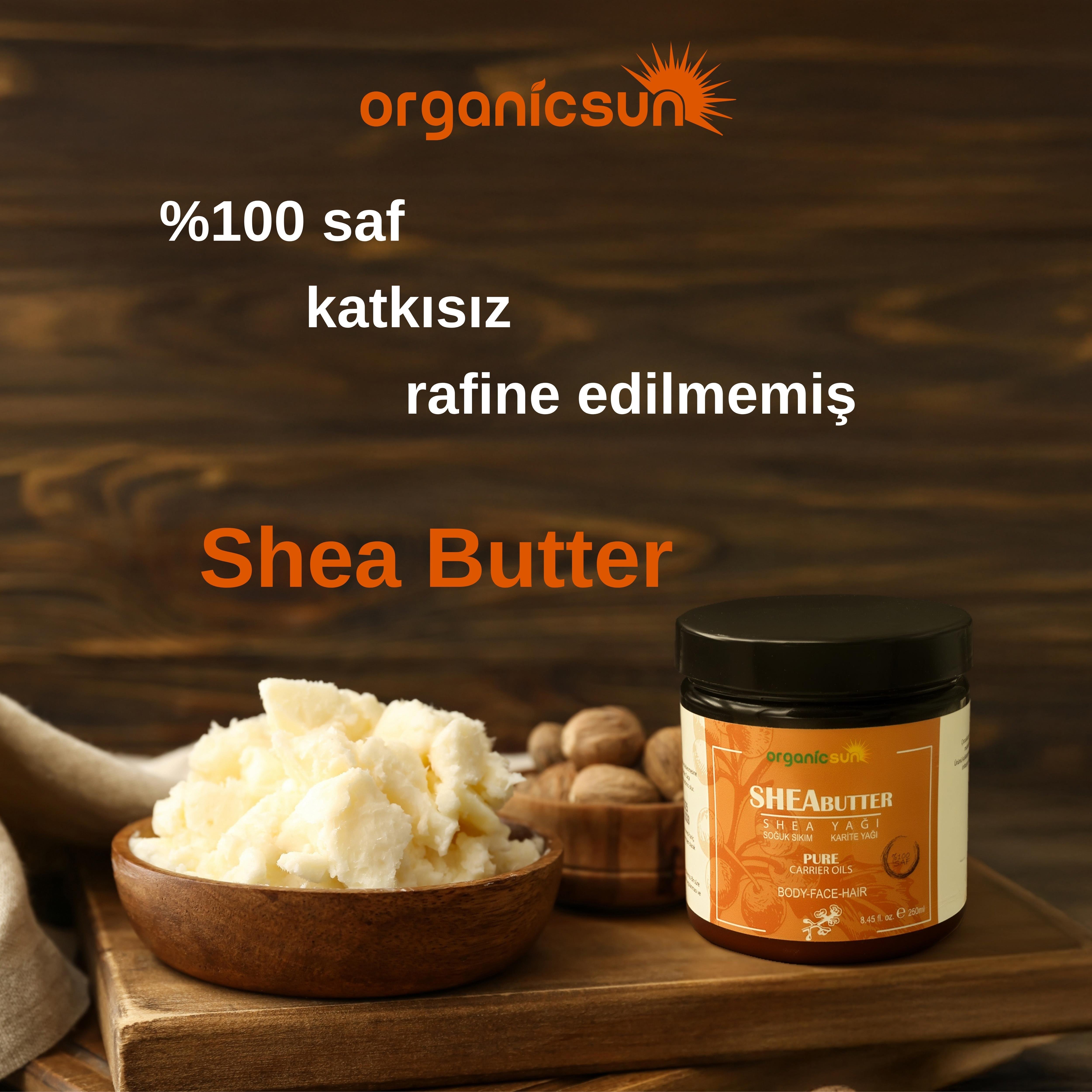 Organicsun Shea Yağı 250 ML |%100 Ham, Soğuk Pres, Rafine Edilmemiş, Shea Butter Karite | Kuru Cilt, Saç, Dudak, Topuk Bakımı