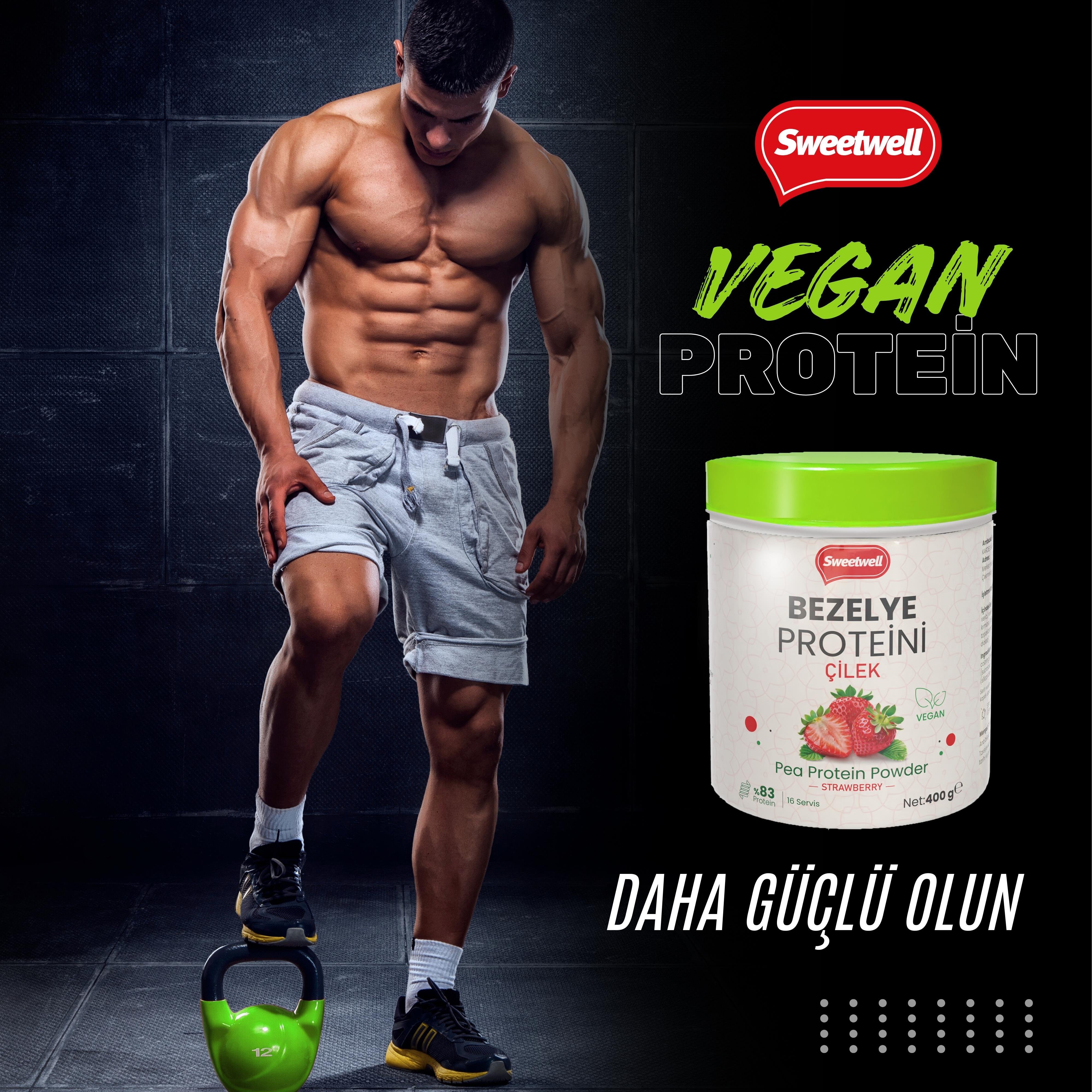 Sweetwell Çilek Aromalı Vegan Bezelye Proteini Tozu 400 Gr - %83 Protein İçerir Pae Protein Powder Strawberry