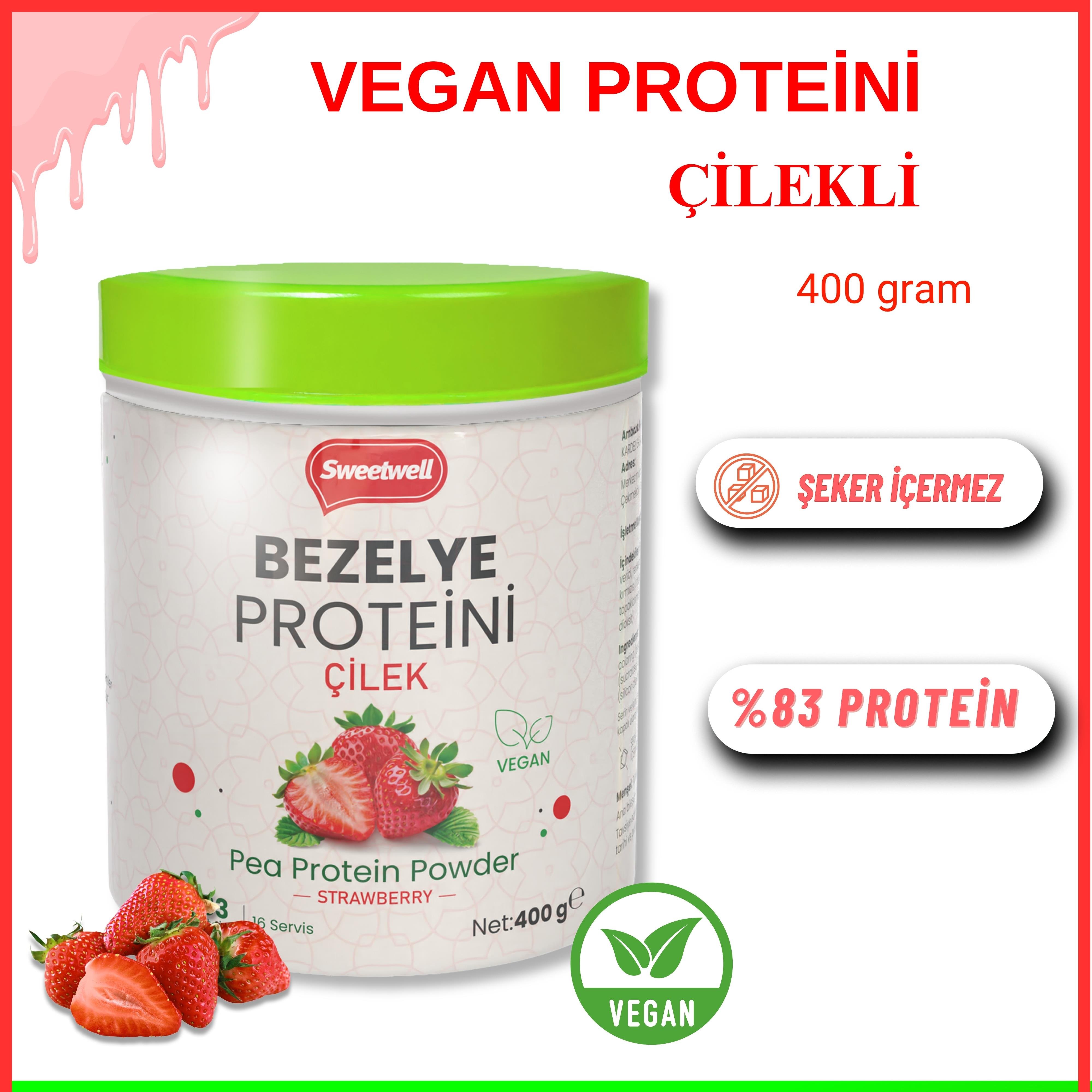 Sweetwell Çilek Aromalı Vegan Bezelye Proteini Tozu 400 Gr - %83 Protein İçerir Pae Protein Powder Strawberry