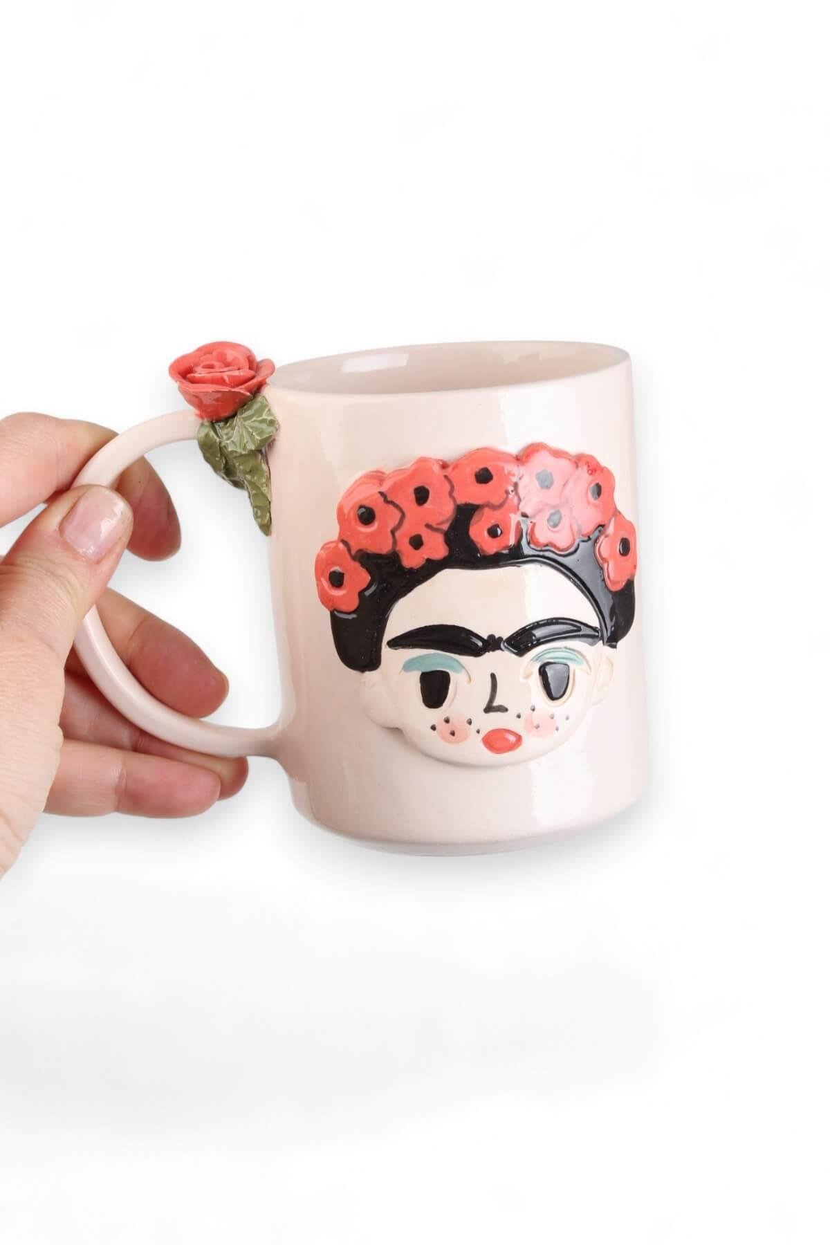 Seramik El Yapımı Gelincik Çiçekli  Frida Kahlo Kupa
