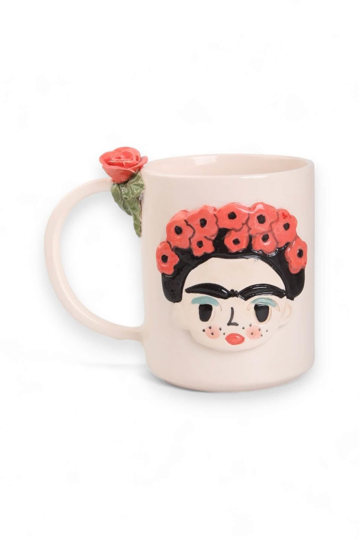 Seramik El Yapımı Gelincik Çiçekli  Frida Kahlo Kupa