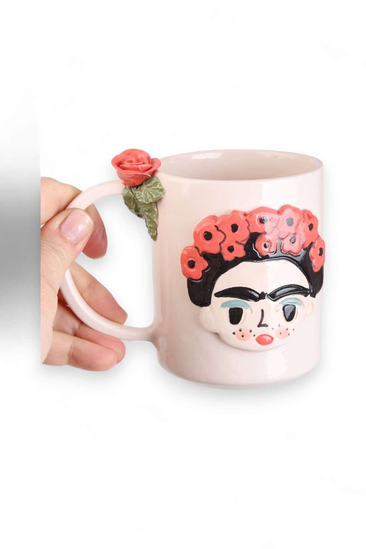 Seramik El Yapımı Gelincik Çiçekli  Frida Kahlo Kupa
