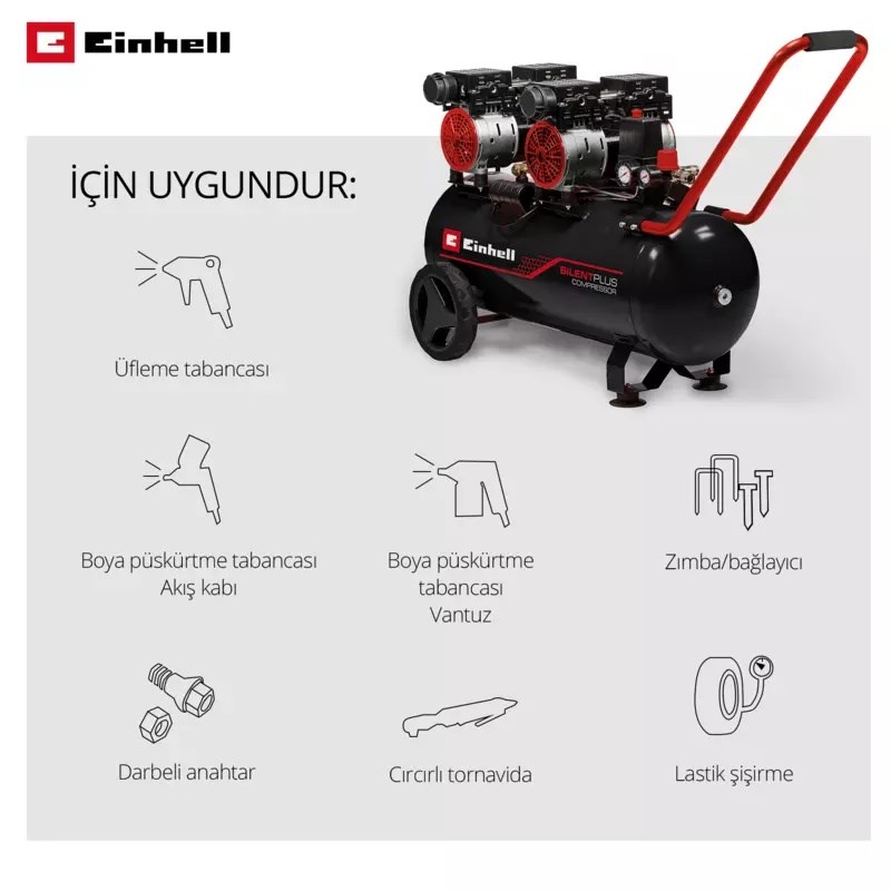 Einhell TE-AC 270/50 Silent Plus Sessiz Hava Kompresörü (Yağsız) (1500 W, maks. 8 bar, 50 L tank, tahliye vanası, emniyet valfi) - 4020620Einhell4020620Hava Kompresörleri-LastikTR.com
