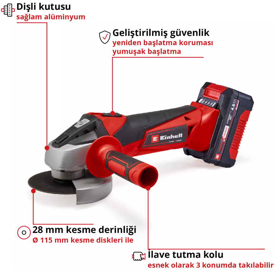 Einhell TC-AG 18/115 Li (1x4,0Ah), Akülü Avuç TaşlamaEinhell4431133Yeni Ürünler-LastikTR.com