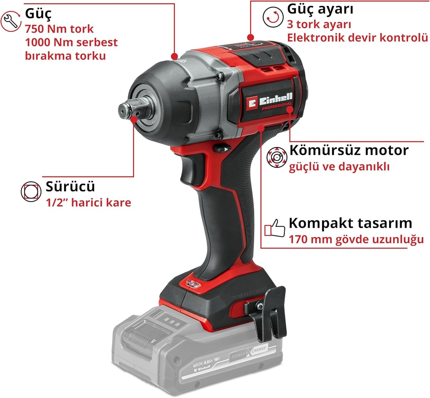 Einhell TP-CW 18/750-C Li BL - Solo Kömürsüz Akülü Darbeli Somun Sıkma (Akü ve Şarj Cihazı Dahil Değildir) - 451065Einhell4510065Somun Sıkma-LastikTR.com