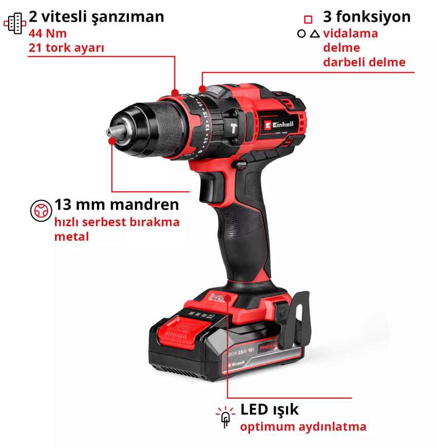 Einhell TE-CD 18/44 Li-i (1x2,5Ah), Akülü Darbeli VidalamaEinhell4514287Yeni Ürünler-LastikTR.com