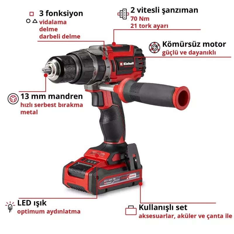 Einhell Profesyonel Akülü Darbeli Vidalama TP-CD 18/70 Li-i BL +70 (2+3 Ah) - 4514318Einhell4514318Akülü Vidalamalar-LastikTR.com
