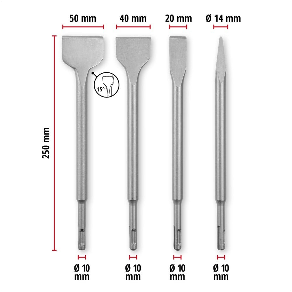 Einhell 4 Parça SDS Plus Keski Seti, 250 mm (1x Sivri Keski, 20 mm Düz Keski, 40 mm Spatula Keski, 50 mm Fayans Keskisi; Yıkım ve Tadilat İşleri İçin Dayanıklı 40Cr Çelikten Üretilmiştir) - 247205Einhell49247205Kırıcı Delici Uçları-LastikTR.com