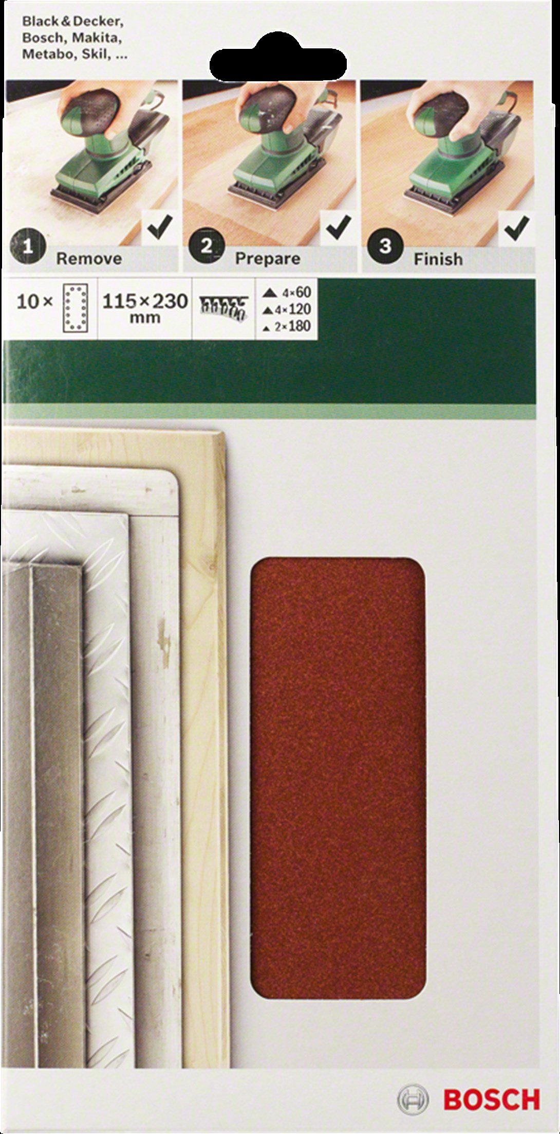 Bosch - Titreşimli Zımpara Kağıdı 10'lu Set, 115 x 230 mm 60/120/180 Kum 14 Delik