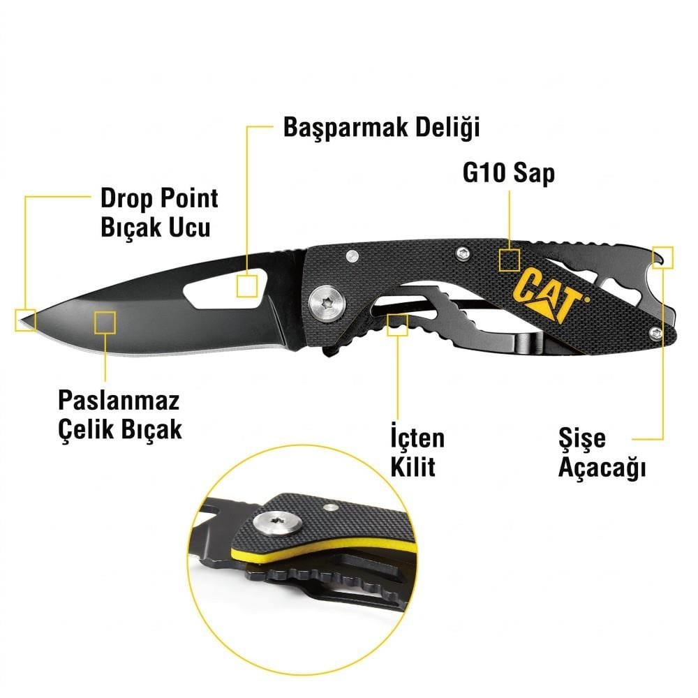 CAT DA980267 Kemer Askı Kancalı Şişe Açacaklı Katlanabilir 16CM Paslanmaz Çelik Siyah Kamp Çakısı