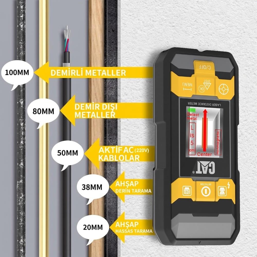 CAT DA980621 3.7Volt Li-Po 3’ü 1 Arada 40M Lazer Metre +Hizalama +Metal/Ahşap/Voltaj DedektörüCATDA980621Lazer Metreler-LastikTR.com