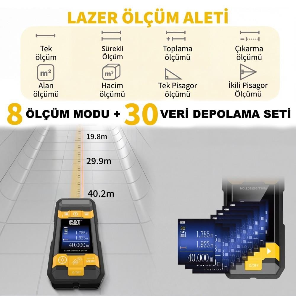CAT DA980621 3.7Volt Li-Po 3’ü 1 Arada 40M Lazer Metre +Hizalama +Metal/Ahşap/Voltaj DedektörüCATDA980621Lazer Metreler-LastikTR.com