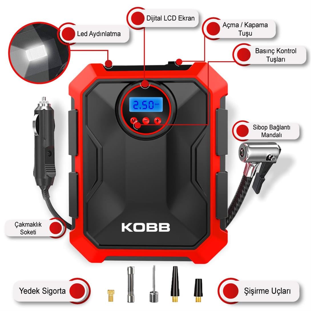 KOBB KB200 12Volt 150 PSI Ayarlanabilir Dijital Basınç Göstergeli Hava Lastik Şişirme PompasıKOBBKB200Hava Pompaları-LastikTR.com