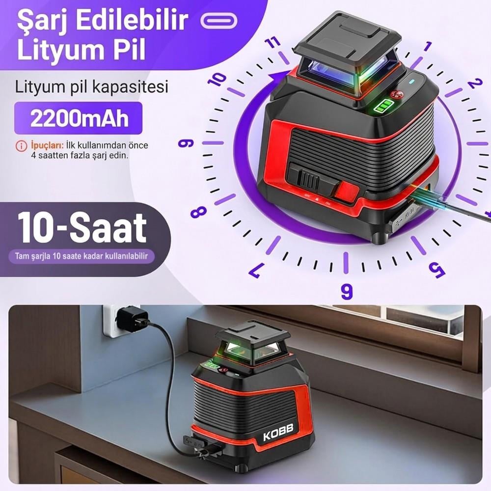 KOBB KBL30P 3.7V Li-ion Yatay 360° ve Dikey Otomatik Hizalamalı Mor Işık Profesyonel Çizgi LazerKOBBKBL30PLazer Metreler-LastikTR.com