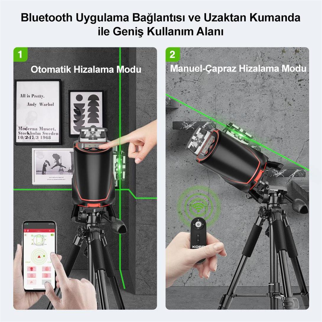 KOBB KBL36G Profesyonel Li-ion Şarjlı 4X360⁰ LCD Ekran Otomatik Hizalamalı Yeşil Çapraz Çizgi Lazer Distomat + Uzaktan Kumanda + Taşıma Çantası
