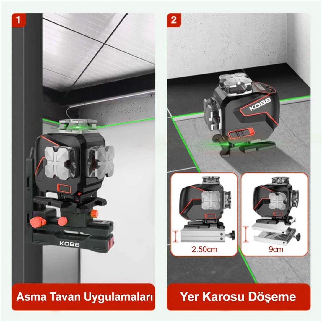 KOBB KBL36GTP Profesyonel Li-ion Şarjlı 4X360⁰ LCD Ekran Otomatik Hizalamalı Yeşil Çapraz Çizgi Lazer Distomat + Uzaktan Kumanda + Tripod + Taşıma Çantası