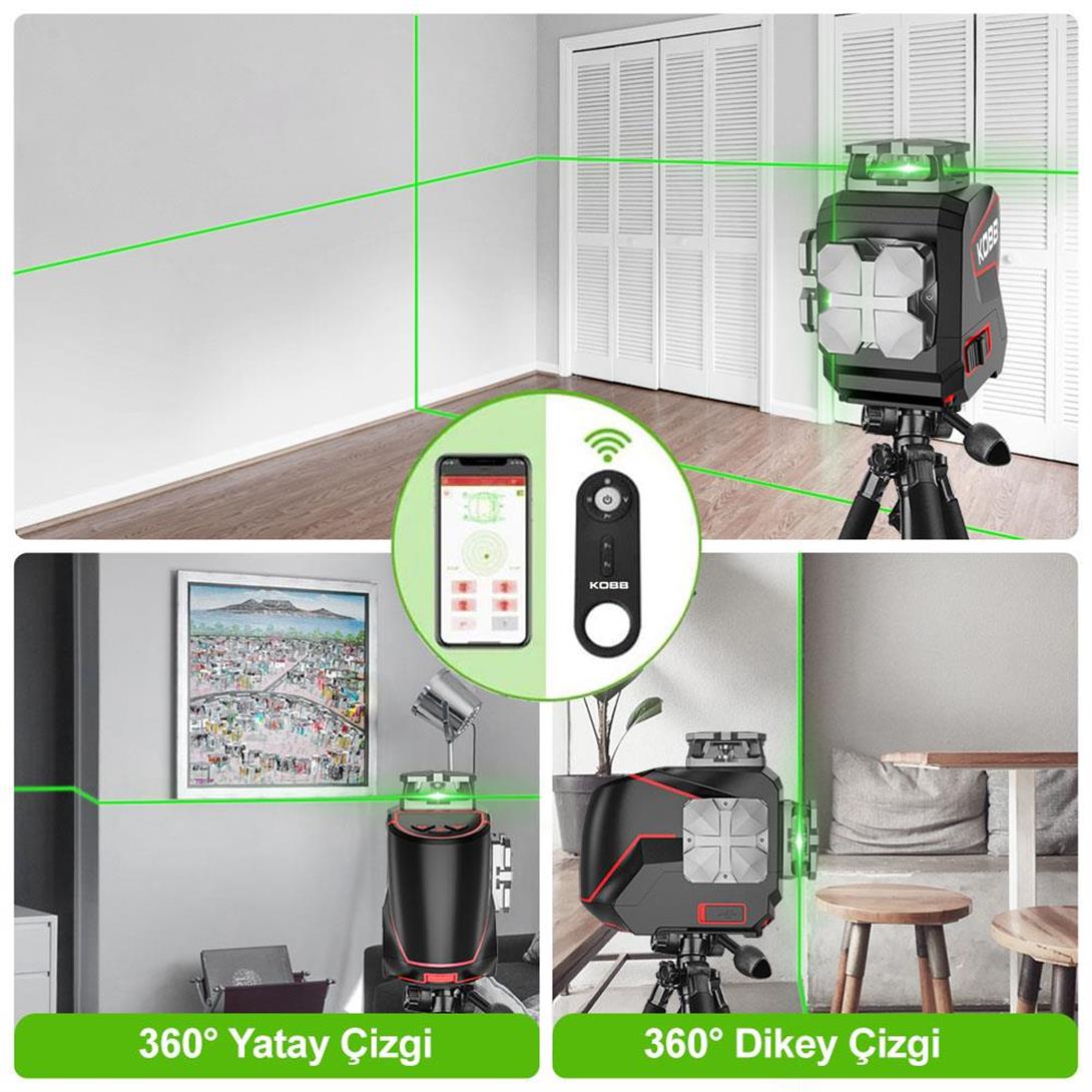 KOBB KBL36GTP Profesyonel Li-ion Şarjlı 4X360⁰ LCD Ekran Otomatik Hizalamalı Yeşil Çapraz Çizgi Lazer Distomat + Uzaktan Kumanda + Tripod + Taşıma Çantası