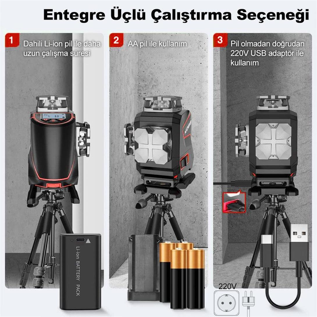 KOBB KBL36GTP Profesyonel Li-ion Şarjlı 4X360⁰ LCD Ekran Otomatik Hizalamalı Yeşil Çapraz Çizgi Lazer Distomat + Uzaktan Kumanda + Tripod + Taşıma Çantası