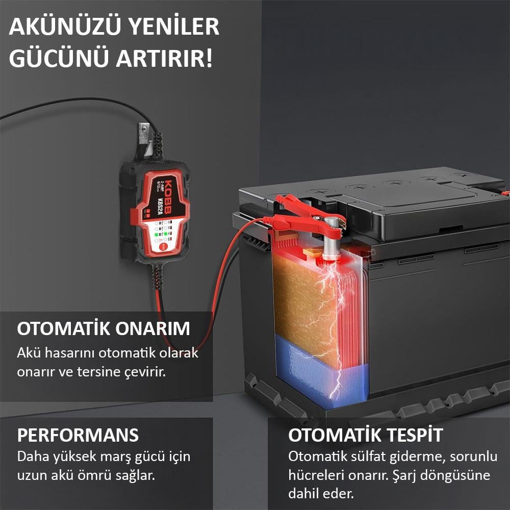 KOBB KBS2A 6V/12V 60Ah Akıllı Akü Şarj ve Akü Bakım / Desülfatör