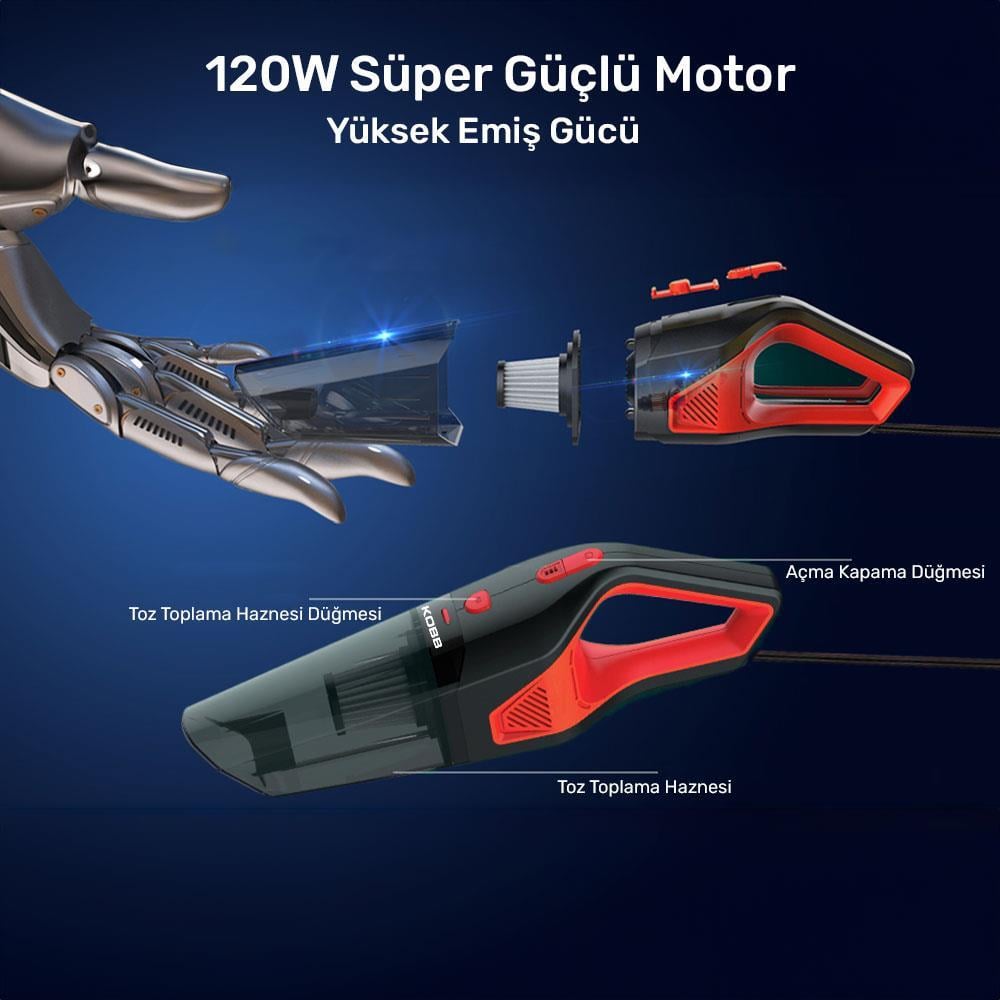 KOBB KBV12 12Volt/120Watt Araç Süpürgesi + 5 Parça Aksesuar Seti + Taşıma Çantası 